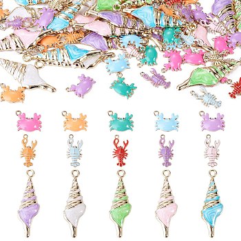 60Pcs 15 Styles Alloy and Enamel Big Pendants, Conch and Crab Shape, Cadmium Free & Nickel Free & Lead Free, Golden, Mixed Color, 16~61.5x12~20x3.5~6mm, Hole: 1.7~4mm, 4pcs/style