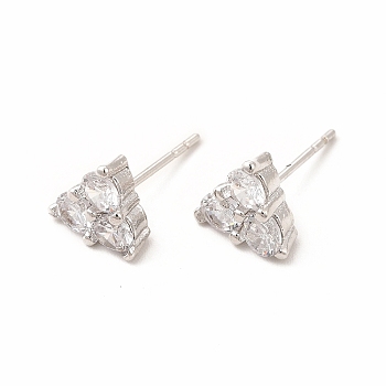 Brass Micro Pave Cubic Zirconia Stud Earrings for Women, Lead Free & Cadmium Free, Triangle, Platinum, 7.5x8mm, Pin: 0.8mm
