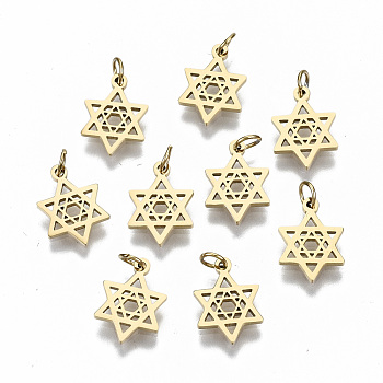 304 Stainless Steel Pendants, Laser Cut, with Jump Rings, Star of David, Real 14K Gold Plated, 11x8x1mm, Jump Ring: 3.5x0.5mm, 2.5mm inner diameter