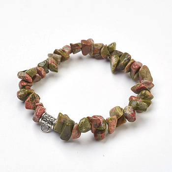 Natural Unakite Beads Stretch Bracelets, with Alloy Findings, Chip, 1-3/4 inch(4.5cm)