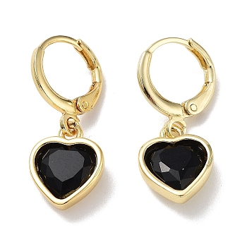 Real 18K Gold Plated Brass Dangle Leverback Earrings, with Heart Glass, Black, 25.5x10.5mm