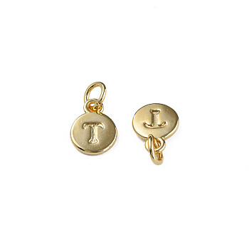Brass Charms, with Jump Rings, Nickel Free, Flat Round with Letter.T, Real 18K Gold Plated, 10x7.5x1mm, Jump Ring: 5x1mm, 3mm inner diameter