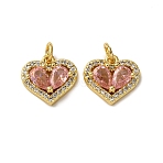 Brass Micro Pave Cubic Zirconia Pendants, Heart Charms, with Jump Ring, Rack Plating, Long-Lasting Plated, Lead Free & Cadmium Free, Real 18K Gold Plated, Pink, 12x13x4mm, Hole: 3.5mm(KK-A271-12G)
