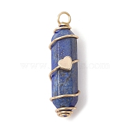 Natural  Lapis Lazuli Copper Wire Wrapped Pointed Pendants, Faceted Bullet Charms with Golden Tone Brass Heart Beads, 34.5~37x10.5x12mm, Hole: 2.7mm(PALLOY-JF02462-03)