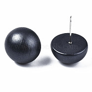 Painted Half Round Schima Wood Earrings for Girl Women, Stud Earrings with 316 Surgical Stainless Steel Pins, Black, 15x8.5mm, Pin: 0.7mm(EJEW-T017-02A)
