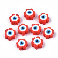 Handmade Polymer Clay Beads, Flower with Evil Eye, Red, 9x9x4.5mm, Hole: 1.8mm(CLAY-N007-003-06)