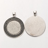 Tibetan Style Alloy Flat Round Pendant Cabochon Settings, Cadmium Free & Lead Free, Antique Silver, 44x35x2mm, Hole: 5x7mm, Tray: 25mm, about 142pcs/kg(PALLOY-J494-36AS)