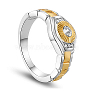SHEGRACE Brass Finger Ring, with Watch Chain and Micro Pave AAA Cubic Zirconia Eye with Real 18K Gold Plated Round, Platinum & Golden, 21mm(JR539A-03)
