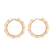 304 Stainless Steel Hoop Earrings, Hypoallergenic Earrings, with Round Shell Pearl Beads, Ring Shape, Golden, Colorful, 61~62x63~64x8mm, Pin: 0.6x1mm(EJEW-JE04291-01)