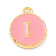 Golden Plated Alloy Enamel Charms, Enamelled Sequins, Flat Round with Alphabet, Letter.I, Pink, 14x12x2mm, Hole: 1.5mm(X-ENAM-Q437-14I)