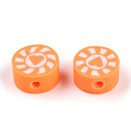 Handmade Polymer Clay Beads, Flat Round with Heart & Sun, Coral, 9~10x5mm, Hole: 1.6mm(CLAY-T019-15H)