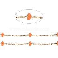 Stainless Steel Satellite Chains, with Enamel Beads and Spool, Soldered, Long-Lasting Plated, Flat Round, Golden, Dark Orange, 1.5x1.2x0.3mm, about 32.8 Feet(10m)/roll(CHS-I006-03G-D)