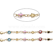 Handmade Brass Beaded Chains, with Enamel and Spool, Soldered, Long-Lasting Plated, Evil Eyes & Star, Colorful, Real 18K Gold Plated, 9x4.5x4mm, 9.5x4.5x1.5mm, about 32.8 Feet(10m)/roll(CHC-I027-04G)