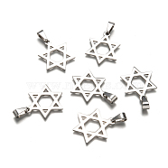 Boy Jewelry Original Color 201 Stainless Steel Pentagram Pendants, for Jewish, Star of David, Stainless Steel Color, 32x25x1.5mm, Hole: 4x9mm(STAS-I032-224)
