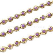 Brass Link Chains, with Enamel, Spool, Long-Lasting Plated, Unwelded, Flat Round, Golden, Purple, Links: 9x6x1.5mm(CHC-L039-47D-G)
