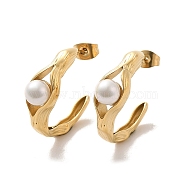 Ion Plating(IP) 304 Stainless Steel Ring Stud Earrings, Half Hoop Earrings with ABS Imitation Pearl, Real 14K Gold Plated, 25x8mm(EJEW-K268-04G)