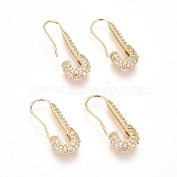 Brass Micro Pave Cubic Zirconia Dangle Earrings, Long-Lasting Plated, Safety Pin Shape, Clear, Golden, 27x10.5x4mm, Pin: 0.7mm(ZIRC-D118-02G)