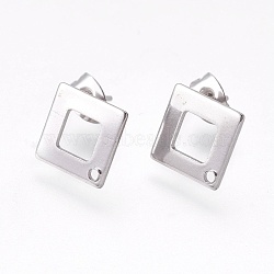 304 Stainless Steel Stud Earring Findings, Square/Rhombus, Stainless Steel Color, 13.5x13.5x0.8mm, Hole: 1mm, Pin: 0.7mm(STAS-O119-13P)