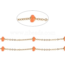 Stainless Steel Satellite Chains, with Enamel Beads and Spool, Soldered, Long-Lasting Plated, Flat Round, Golden, Dark Orange, 1.5x1.2x0.3mm, about 32.8 Feet(10m)/roll(CHS-I006-03G-D)