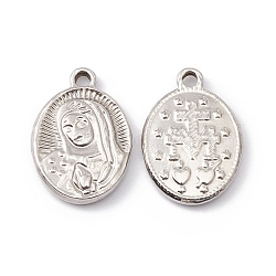 201 Stainless Steel Pendants, Oval with Human Face Pattern, Stainless Steel Color, 19.5x14x2.5mm, Hole: 1.8mm(STAS-C057-22P)