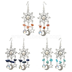 3 Pairs 3 Style Natural Mixed Gemstone Chips Chandelier Earrings, Sun & Moon & Star Tibetan Style Alloy Long Drop Earrings, 74x30.5mm, 1 Pairs/style(EJEW-TA00337)