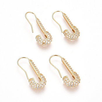 Brass Micro Pave Cubic Zirconia Dangle Earrings, Long-Lasting Plated, Safety Pin Shape, Clear, Golden, 27x10.5x4mm, Pin: 0.7mm