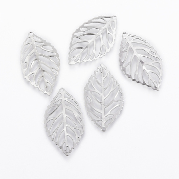 201 Stainless Steel Pendants, Leaf, Filigree, Stainless Steel Color, 23.5x13.5x0.2mm, Hole: 1mm
