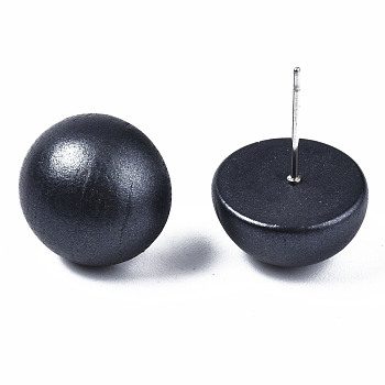 Painted Half Round Schima Wood Earrings for Girl Women, Stud Earrings with 316 Surgical Stainless Steel Pins, Black, 15x8.5mm, Pin: 0.7mm