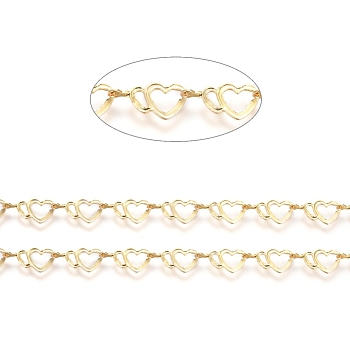 Brass Handmade Link Chains, with Spool, for Craft Jewelry Making, Long-Lasting Plated, Unwelded, Heart, Real 18K Gold Plated, 6x12x0.5mm, about 32.8 Feet(10m)/roll