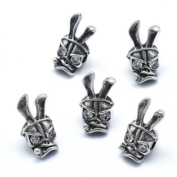 Brass Beads, with Clear Cubic Zirconia, Cadmium Free & Nickel Free & Lead Free, Skull, Antique Silver, 15.5x7.5x7mm, Hole: 2mm