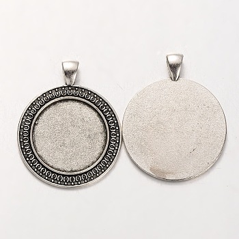 Tibetan Style Alloy Flat Round Pendant Cabochon Settings, Cadmium Free & Lead Free, Antique Silver, 44x35x2mm, Hole: 5x7mm, Tray: 25mm, about 142pcs/kg