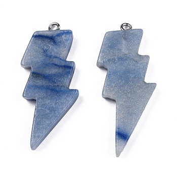 Natural Blue Aventurine Pendants, Lightning Bolt Charm, with Stainless Steel Color Tone 304 Stainless Steel Loops, 40~44.5x17~20x4.5~6mm, Hole: 2mm