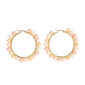 304 Stainless Steel Hoop Earrings, Hypoallergenic Earrings, with Round Shell Pearl Beads, Ring Shape, Golden, Colorful, 61~62x63~64x8mm, Pin: 0.6x1mm
