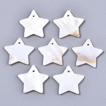 Natural Freshwater Shell Pendants, Star, Seashell Color, 23x24.5x2.5mm, Hole: 1.6mm