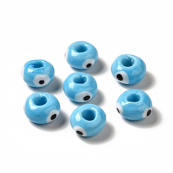 Handmade Evil Eye Lampwork Beads, Rondelle, Light Sky Blue, 13~14.5x13.5~15x8~9mm, Hole: 4.5mm