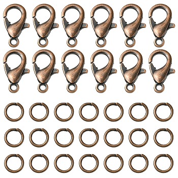 50Pcs Zinc Alloy Lobster Claw Clasps, Parrot Trigger Clasps, with 150Pcs Iron Open Jump Rings, Red Copper, 12x6mm, Hole: 1.2mm