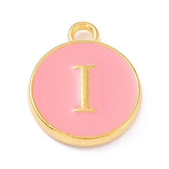 Golden Plated Alloy Enamel Charms, Enamelled Sequins, Flat Round with Alphabet, Letter.I, Pink, 14x12x2mm, Hole: 1.5mm