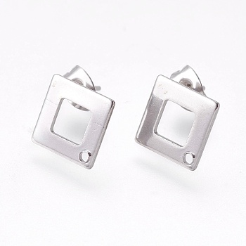 304 Stainless Steel Stud Earring Findings, Square/Rhombus, Stainless Steel Color, 13.5x13.5x0.8mm, Hole: 1mm, Pin: 0.7mm