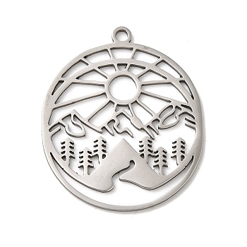 201 Stainless Steel Pendants, Flat Round with Sun, Stainless Steel Color, 30x25x1mm, Hole: 1.8mm