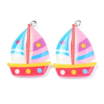 Resin Pendants, with Platinum Iron Peg Bail, Sailboat, Colorful, 32.5x24x4.5mm, Hole: 2mm