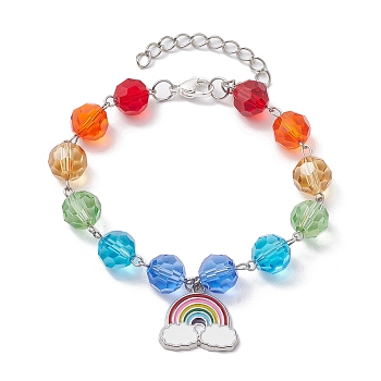 Alloy Enamel Rainbow Charm Bracelets, Rainbow Color Glass Beaded Bracelets for Women, Colorful, 7-1/4 inch(18.5cm)