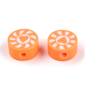 Handmade Polymer Clay Beads, Flat Round with Heart & Sun, Coral, 9~10x5mm, Hole: 1.6mm
