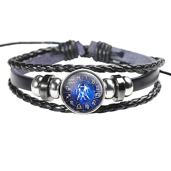 12 Constellation Leather Cord Bracelets, with Alloy Beads and Wax Cord, Flat Round, Gemini, 2-3/8 inch(6cm)