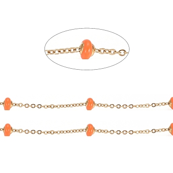 Stainless Steel Satellite Chains, with Enamel Beads and Spool, Soldered, Long-Lasting Plated, Flat Round, Golden, Dark Orange, 1.5x1.2x0.3mm, about 32.8 Feet(10m)/roll