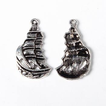 Tibetan Style Alloy Pendants, Cadmium Free & Nickel Free & Lead Free, Sailing Boat, Antique Silver, 29x16x3mm, Hole: 1mm