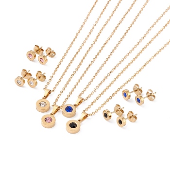 Vacuum Plating Rhinestone Stud Earrings and Pendant Necklaces Sets, with 304 Stainless Steel Findings, Round, Golden, Mixed Color, 17.32~17.52 inch(44~44.5cm), 6mm, Pin: 0.7mm