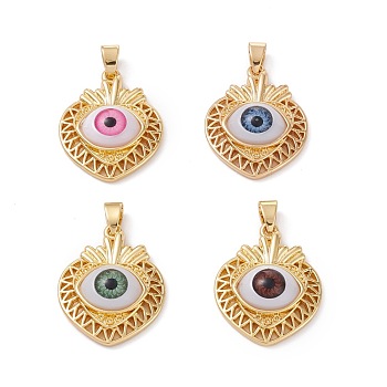 Brass Pendants, with Resin Cabochons, Long-Lasting Plated, Heart with Evil Eye, Real 18K Gold Plated, Mixed Color, 28.5x22.5x7mm, Hole: 5x3.5mm