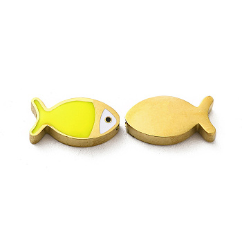 Ion Plating(IP) 304 Stainless Steel Beads, with Enamel, Real 18K Gold Plated, Fish, Yellow, 7x13.5x3mm, Hole: 1.8mm