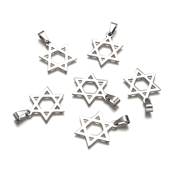 Boy Jewelry Original Color 201 Stainless Steel Pentagram Pendants, for Jewish, Star of David, Stainless Steel Color, 32x25x1.5mm, Hole: 4x9mm