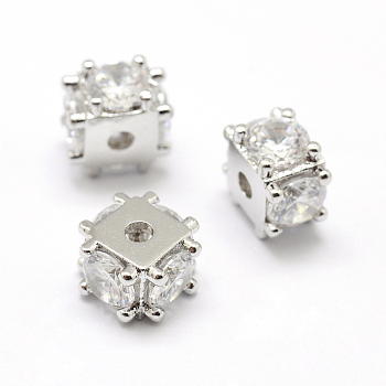 Brass Micro Pave Grade AAA Cubic Zirconia Beads, Cube, Lead Free & Nickel Free & Cadmium Free, Real Platinum Plated, 6x8x8mm, Hole: 1.5mm